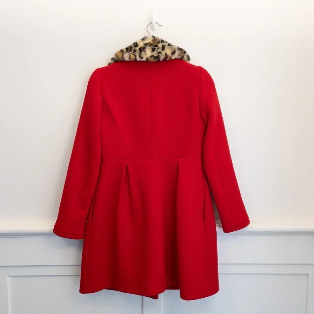 Kate Spade Red Wool Coat Faux Fur Leopard Collar Winter Buttoned Jacket 0
